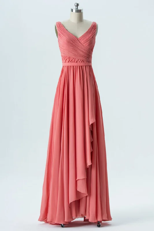 Coral Pink Chiffon Sleeveless Ruffled Bridesmaid Dress Casual chic unclassified dresses