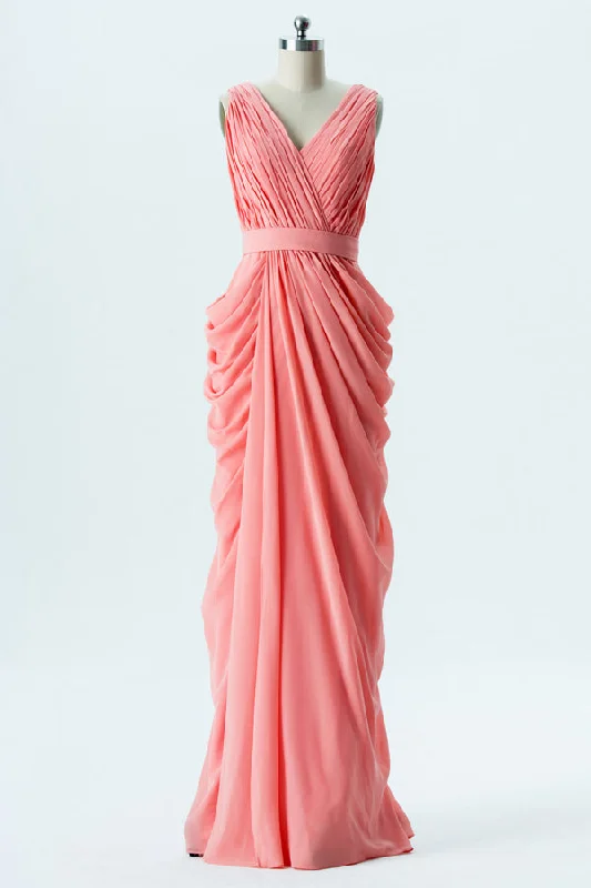 Coral Pink Wrap Banded Waist Bridesmaid Dress Preppy unclassified dresses