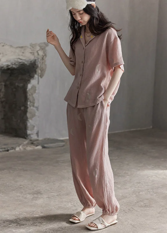 Cute Pink Notched Print Button Cotton Pajamas Two Pieces Set Summer LY1885 Luxury unclassified dresses