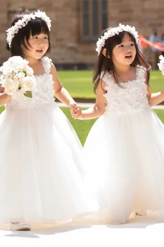 Cute White Square Neck A-Line Flower Girl Dress Denim unclassified dresses