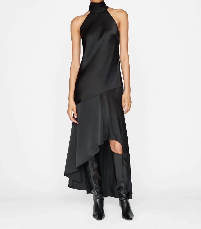 Draped Neck-Tie-Halter Dress In Noir Ruffled unclassified dresses