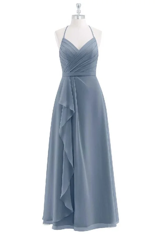 Dusty Blue Chiffon Halter Ruffled A-Line Maid of Honor Dress Boho unclassified dresses