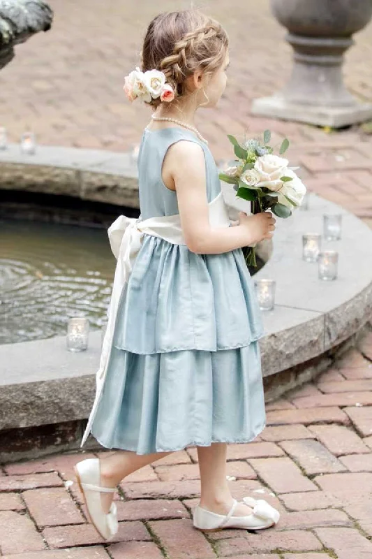 Dusty Blue Satin Crew Neck Bow Back Tiered Flower Girl Dress Metallic unclassified dresses