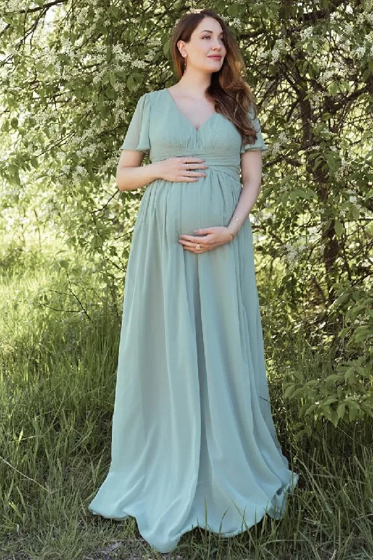 Dusty Sage V-Neck Maternity Bridesmaid Dress with Flared Sleeves Popular unclassified dresses