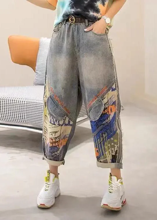 Fashion Light Blue Print Patchwork Sashes High Waist Crop Jeans Summer TY1091 Soft fabric unclassified dresses