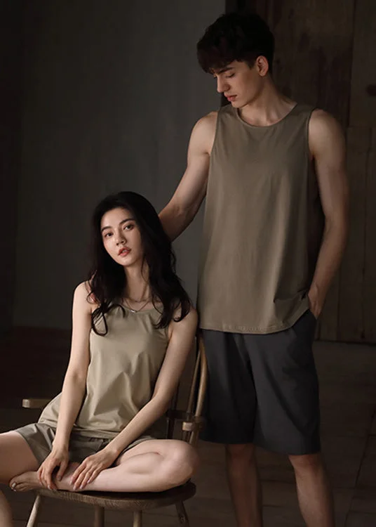 Fine Khaki O-Neck Cozy Cotton Couple Pajamas Two Pieces Set Summer LY1895 Designer unclassified dresses