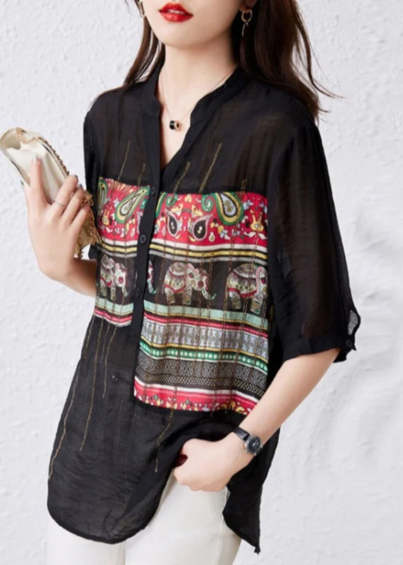 French Black V Neck Print Button Patchwork Cotton Tops Summer TQ1020 Long unclassified dresses