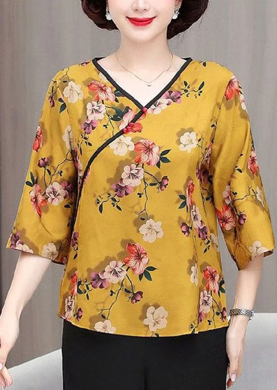 French Yellow V Neck Print Patchwork Silk Top Summer TI1019 Beach unclassified dresses