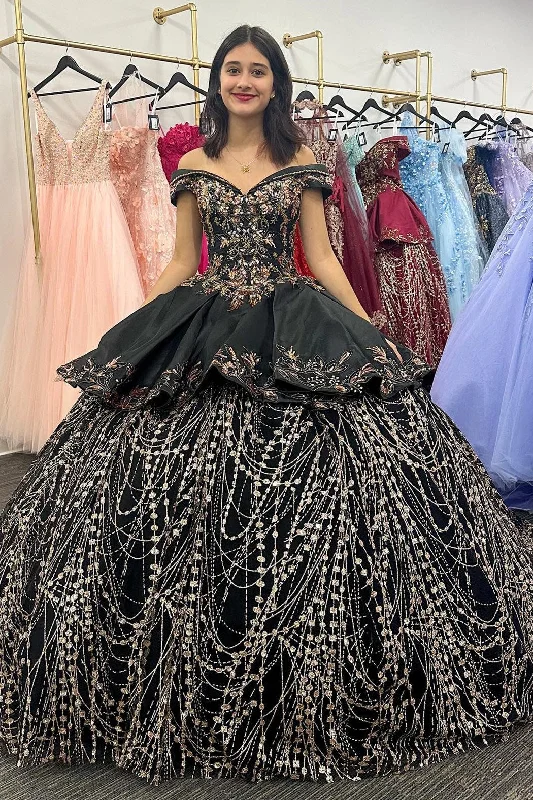 Glamorous Black Appliques Off-the-Shoulder Ball Gown Earthy tone unclassified dresses