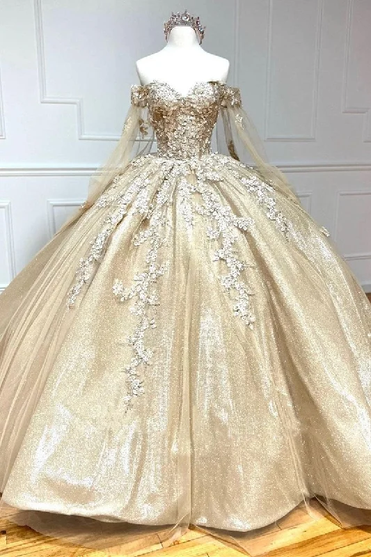 Glamorous Gold Sweetheart Ball Gown with Cape Sleeves Dark color unclassified dresses