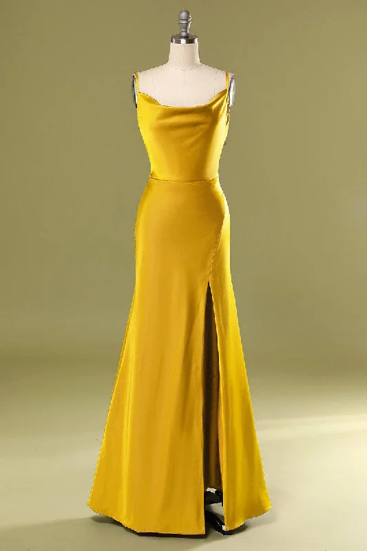 Gold Straps Cowl Back Bridesmaid Dress with Slit Sleeveless unclassified dresses