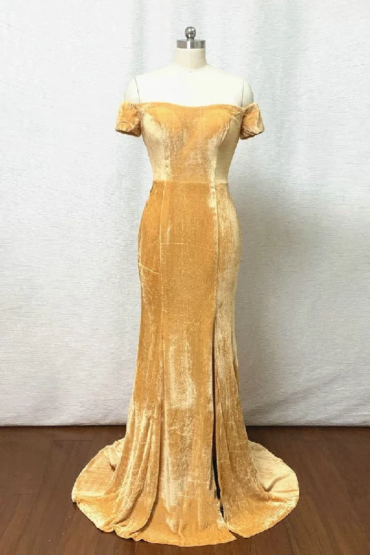 Gold Velvet Off-the-Shoulder Mermaid Bridesmaid Dress Long unclassified dresses