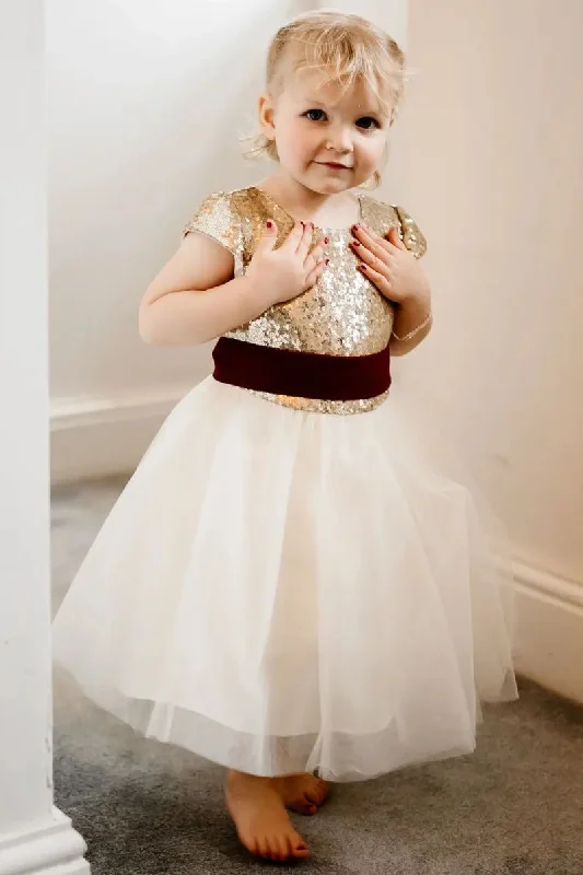 Gold &White Tie-Back A-Line Flower Girl Dress Stylish unclassified dresses