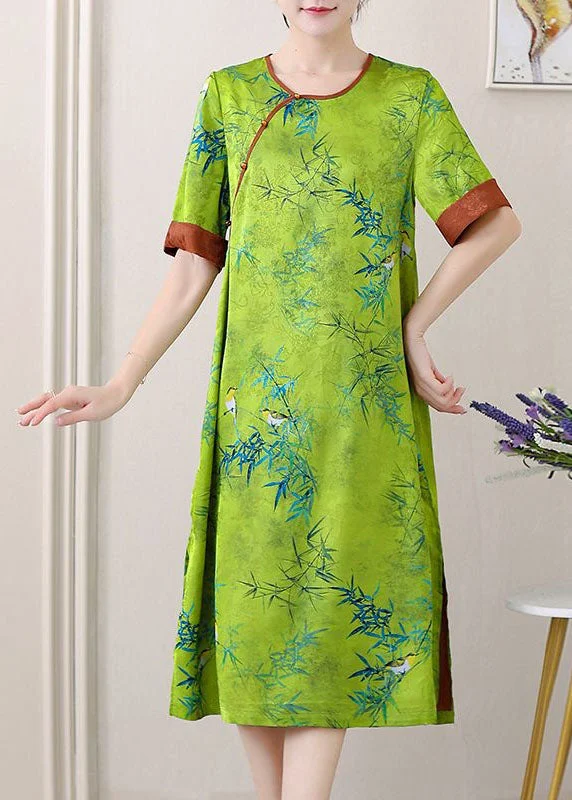 Green Jacquard Patchwork Silk Dresses O Neck Side Open SummerTI1047 Holiday unclassified dresses