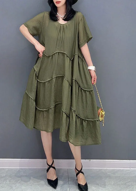 Green Patchwork Cotton 2 Piece Outfit Dress O-Neck Wrinkled Summer Striped unclassified dresses