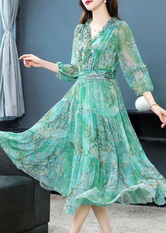 Green Print Patchwork Silk Dress Ruffled Lantern Sleeve TI1001 Tiered unclassified dresses