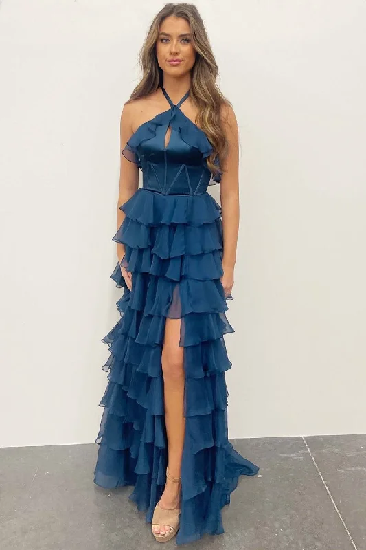 Halter Keyhole Ruffle Tiered Prom Dress with Slit Office unclassified dresses