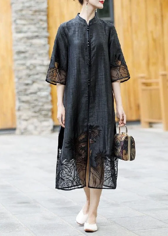 Handmade Black Embroideried Side Open Patchwork Silk Trench Summer TI1034 Popular unclassified dresses