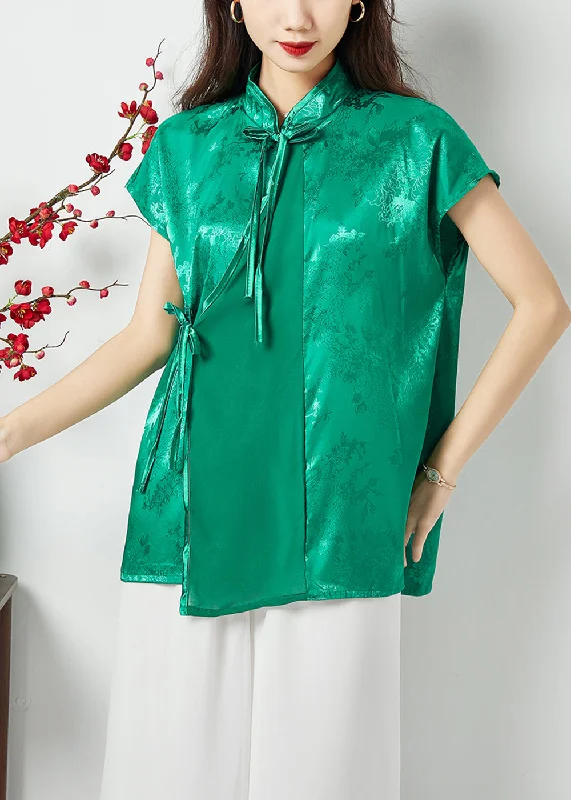 Handmade Green Asymmetrical Patchwork Jacquard Silk Oriental Tops Summer LY1128 Spring unclassified dresses