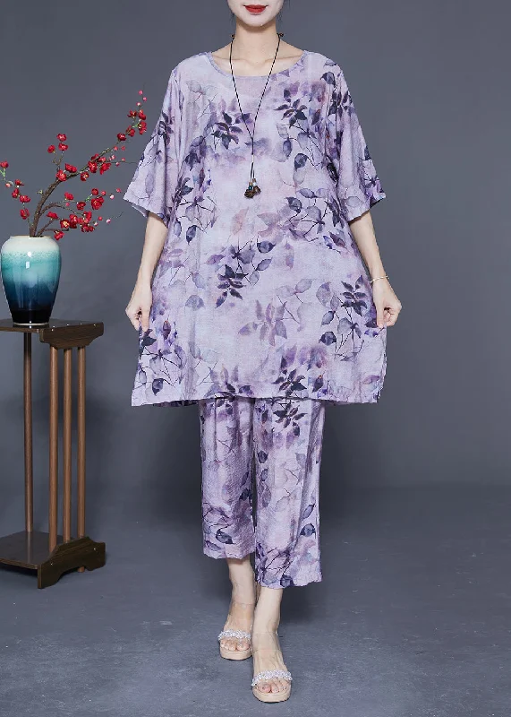 Handmade Purple O-Neck Oversized Print Linen Silk Two-Piece Set Summer LY1853 Halter unclassified dresses