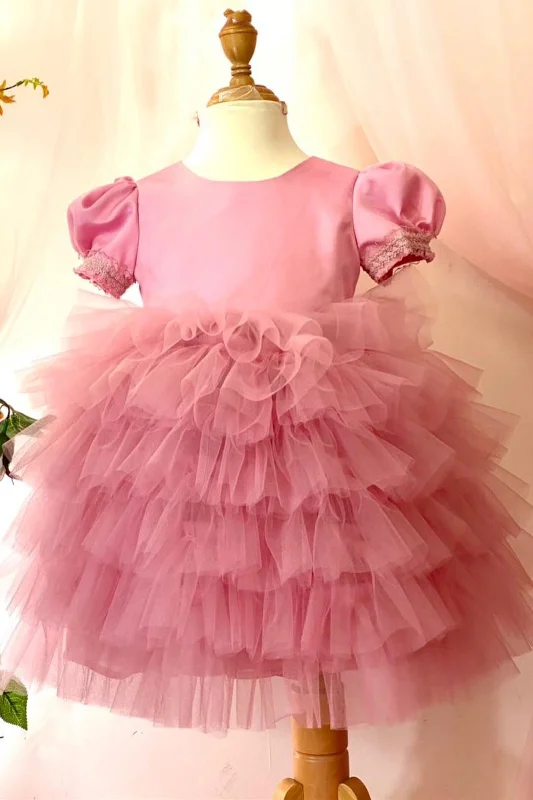 Hot Pink Puff Sleeve Multi-tiered Flower Girl Dress Halter unclassified dresses