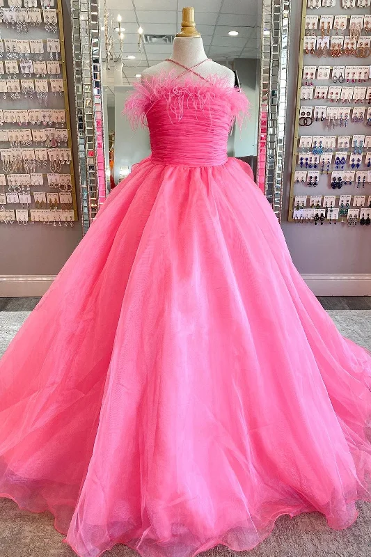 Hot Pink Spaghetti Strap Girl Pageant Dress with Feathers Flowy unclassified dresses