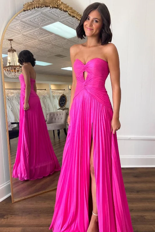 Hot Pink Strapless Keyhole Pleated A-Line Prom Dress Silk unclassified dresses