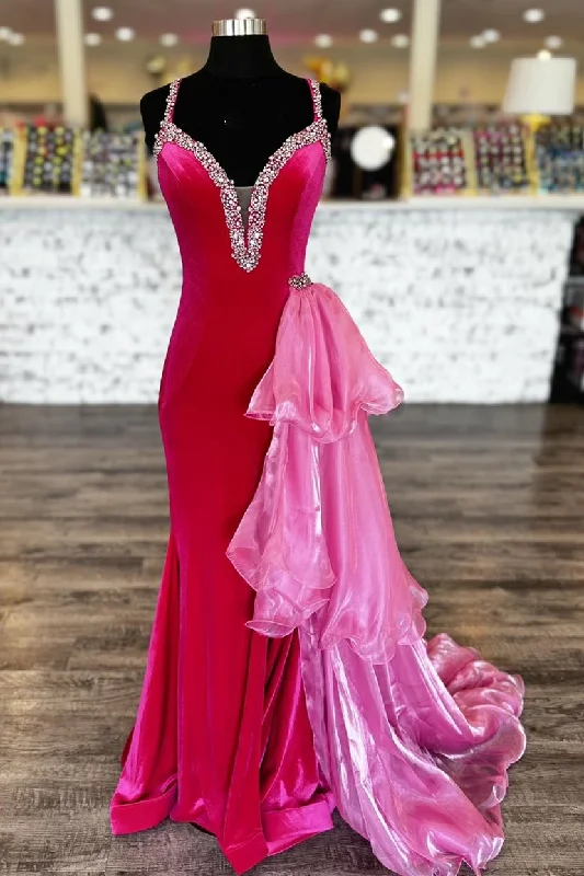 Hot Pink Velvet Plunge V Beaded Prom Dress with Attached Train Spring unclassified dresses