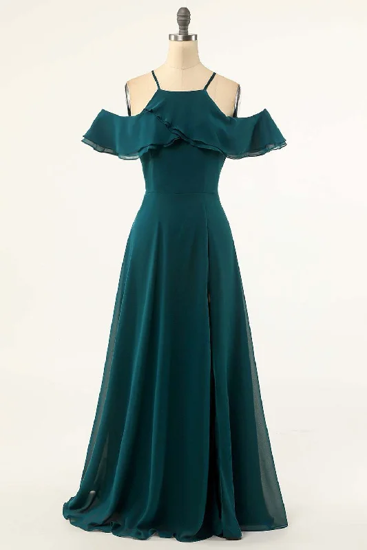 Hunter Green Cold Shoulder Ruffled Bridesmaid Dress Women's unclassified dresses