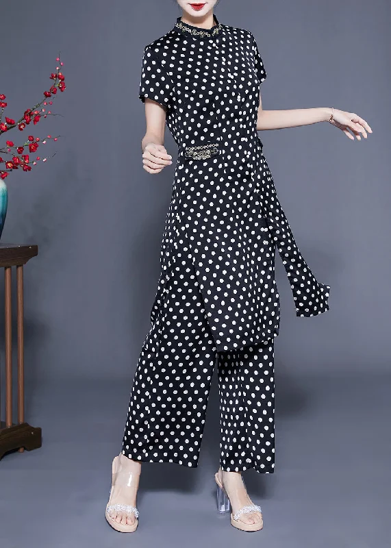 Italian Black Stand Collar Dot Print Side Open Silk Two Pieces Set Summer LY1138 High-end unclassified dresses