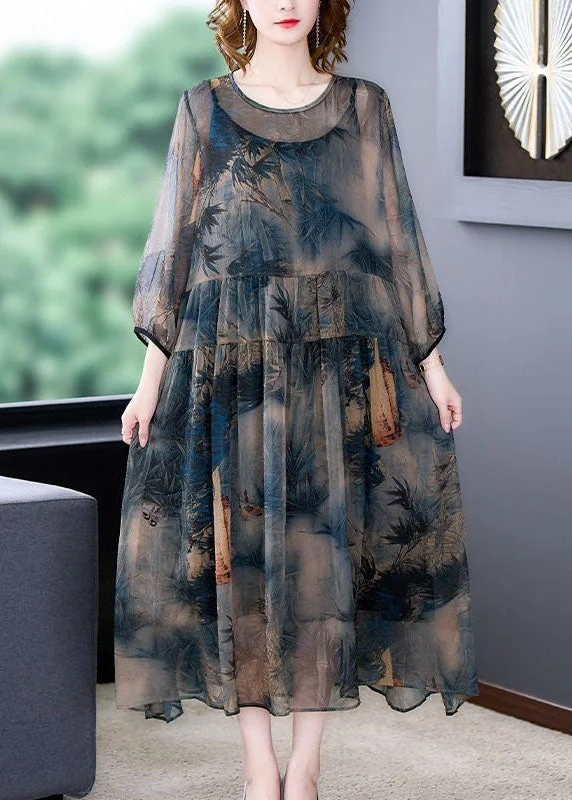 Italian Blue O-Neck Wrinkled Print Patchwork Silk Dress Two Pieces Set SummerTI1046 Festival unclassified dresses