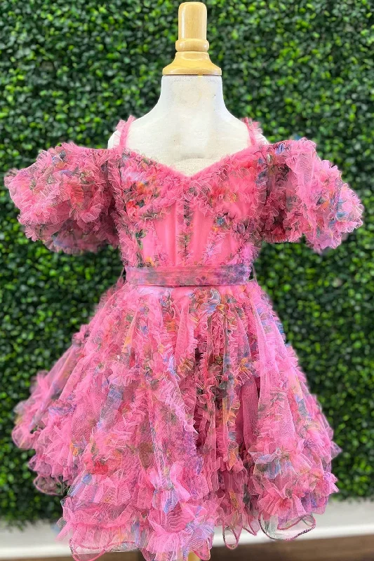 Bright Pink Print Cold-Shoulder A-Line Girl Pageant Dress High-low unclassified dresses