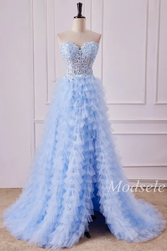 Light Blue Appliques Strapless Ruffle Tiered Gown with Slit Color block unclassified dresses