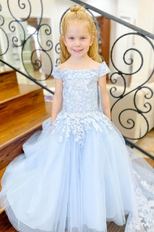 Light Blue Off-the-Shoulder Appliques Girl Birthday Dress with Attached Train Gothic unclassified dresses