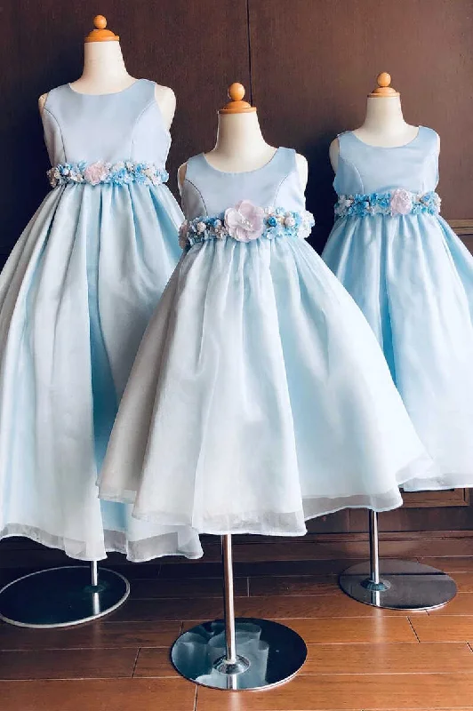 Light Blue Round Neck Belted A-Line Flower Girl Dress Cotton unclassified dresses