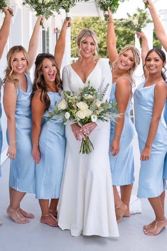 Light Blue Spandex Cowl Neck Straps Calf-Length Bridesmaid Dress Party unclassified dresses