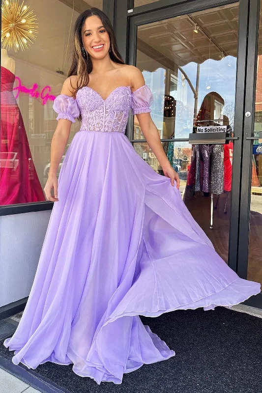 Lilac Chiffon Applique Sweetheart A-Line Prom Dress with Puff Sleeves Popular unclassified dresses