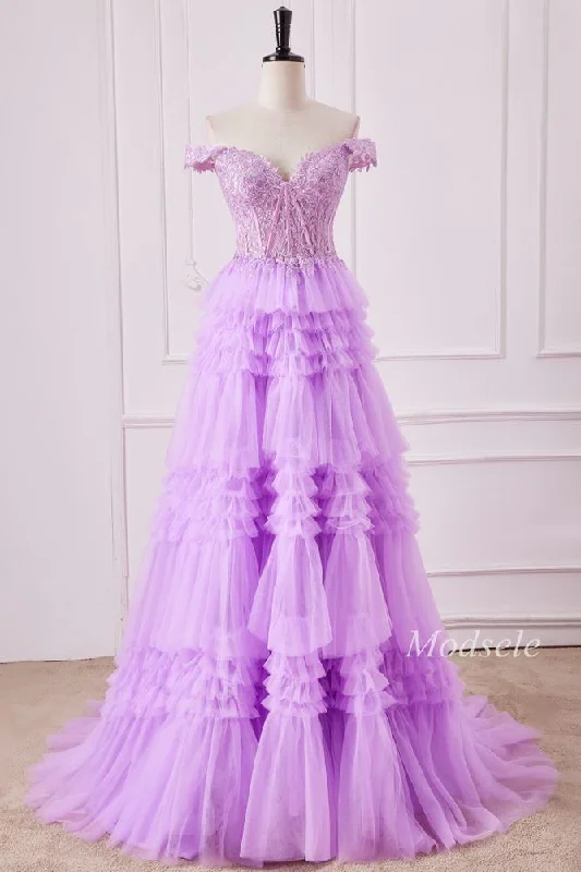 Lilac Glitter Appliques Off-the-Shoulder Ruffle Tiered Gown Pastel unclassified dresses