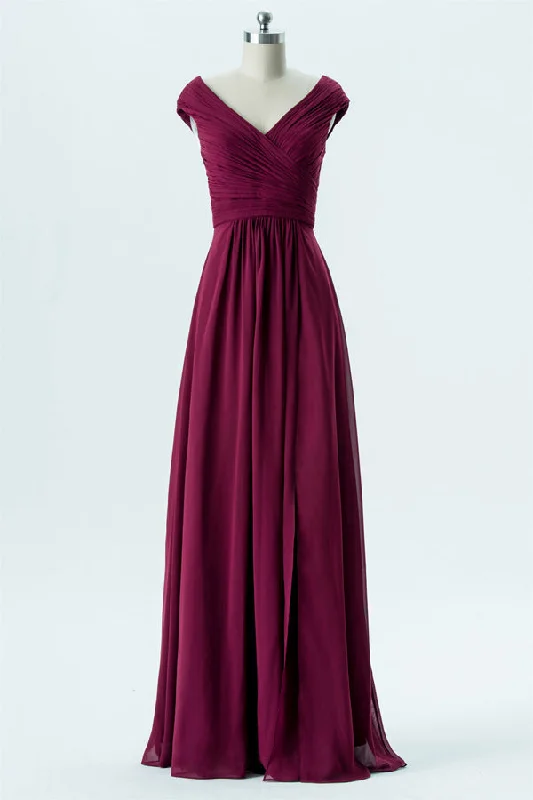 Magenta Chiffon Cap Sleeve Backless Bridesmaid Dress Lace unclassified dresses