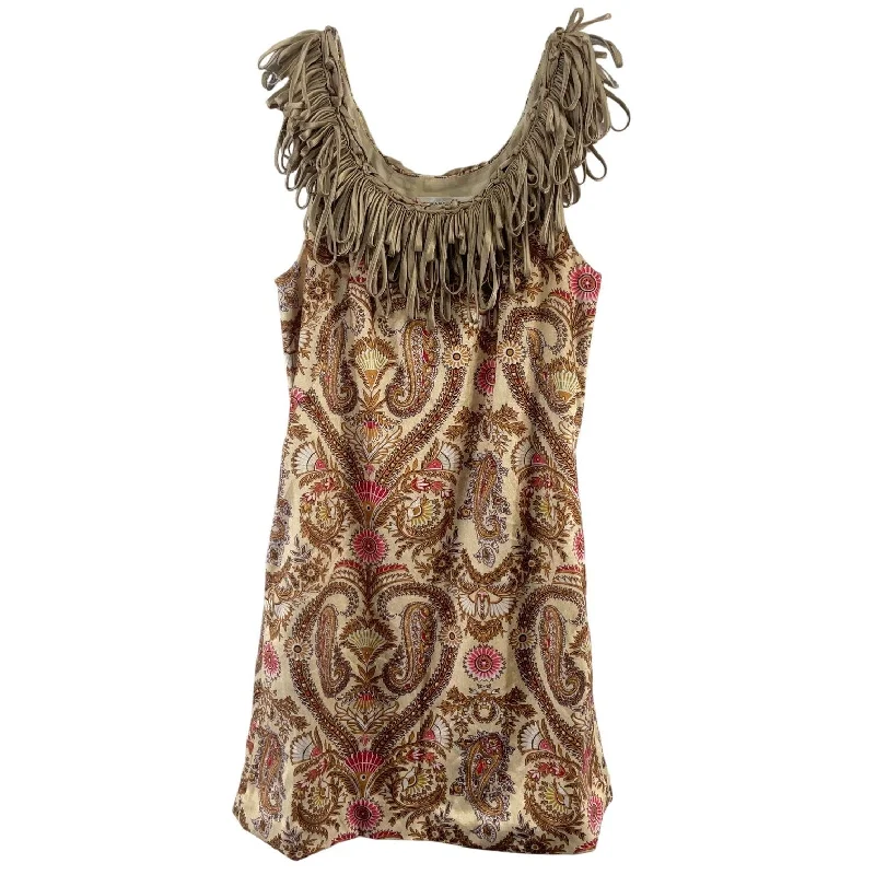 Marconi Gold Velvet Paisley Fringe Neck A-Line Dress Polyester Womens S Preowned Stylish unclassified dresses