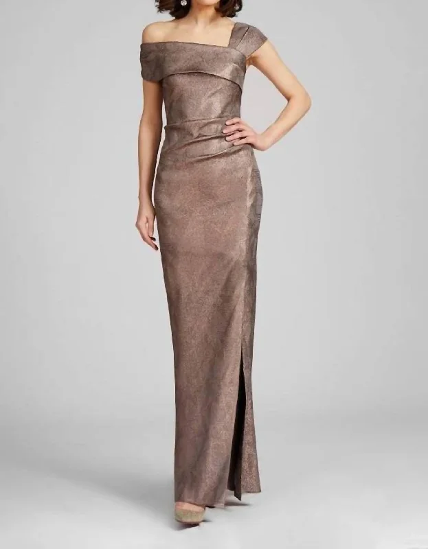 Metallic Jacquard Asymmetrical Shoulder Gown In Bronze Designer unclassified dresses