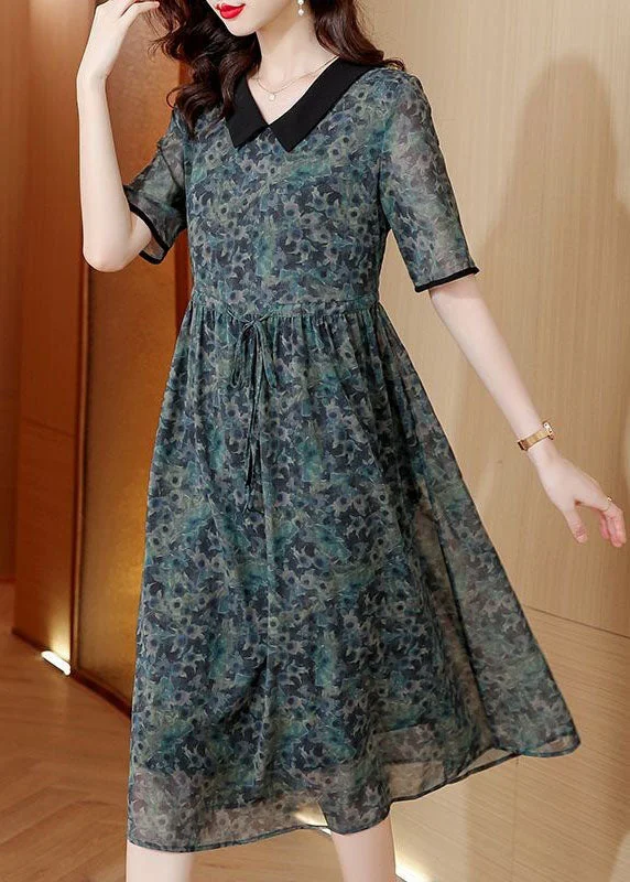 Modern Green Peter Pan Collar Print Drawstring Patchwork Silk Dresses Summer TI1002 Smocked unclassified dresses