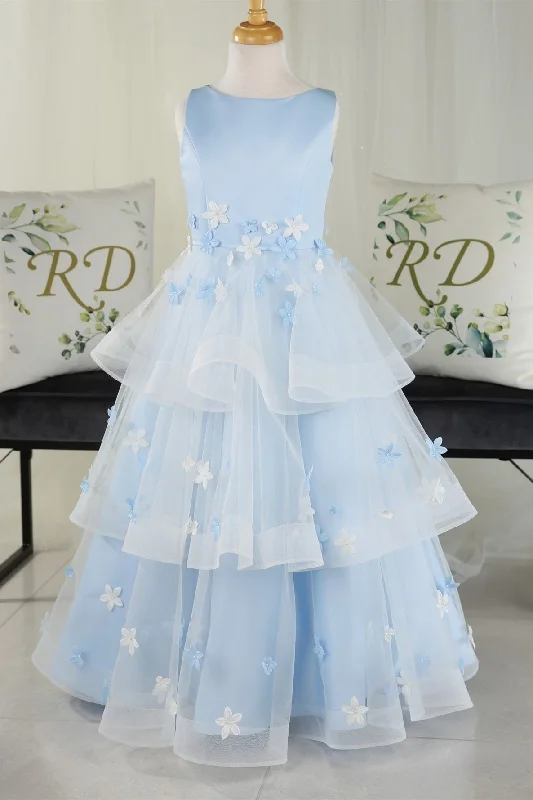 Multi-tiered Light Blue Sleeveless Flower Girl Dress with 3D Flowers Designer unclassified dresses