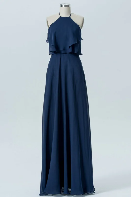 Navy Blue Halter Backless Ruffled Bridesmaid Dress Flowy unclassified dresses