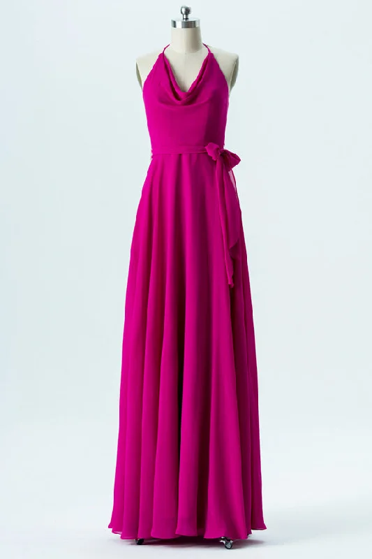 Neon Pink Halter Cowl Neck Bridesmaid Dress Plus size unclassified dresses