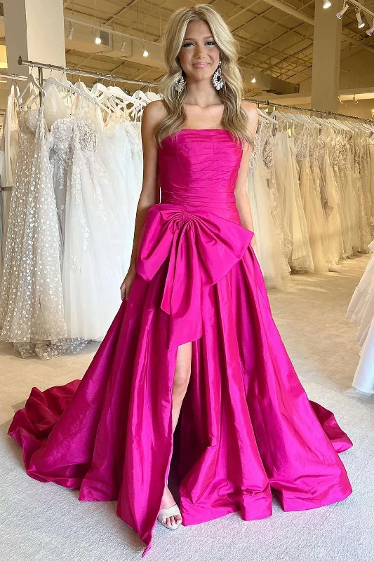 Neon Pink Strapless A-Line Prom Dress with Bow Neutral tone unclassified dresses