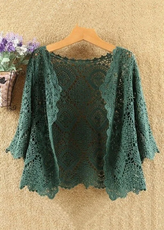 New Green Hollow Out Solid Cotton Knit Cardigans Summer AS1056 Ruffled unclassified dresses