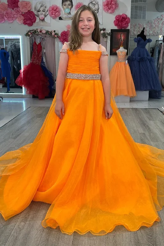 Orange Organza Cold-Shoulder Beaded A-Line Girl Pageant Dress Chiffon unclassified dresses