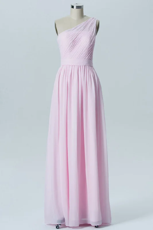 Pink Chiffon One-Shoulder Banded Waist Bridesmaid Dress Trendy unclassified dresses