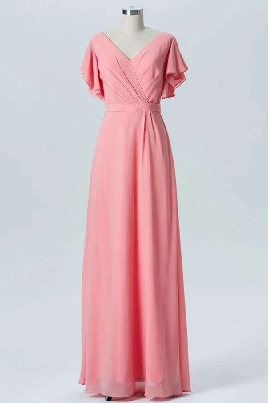 Pink Chiffon Ruffled Sleeves Backless Bridesmaid Dress Discounted unclassified dresses